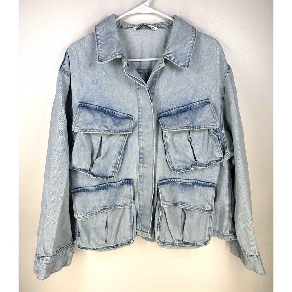 Zara Womens Denim Utility Jacket M Light Blue Acid Wash Cargo Streetwear Grunge